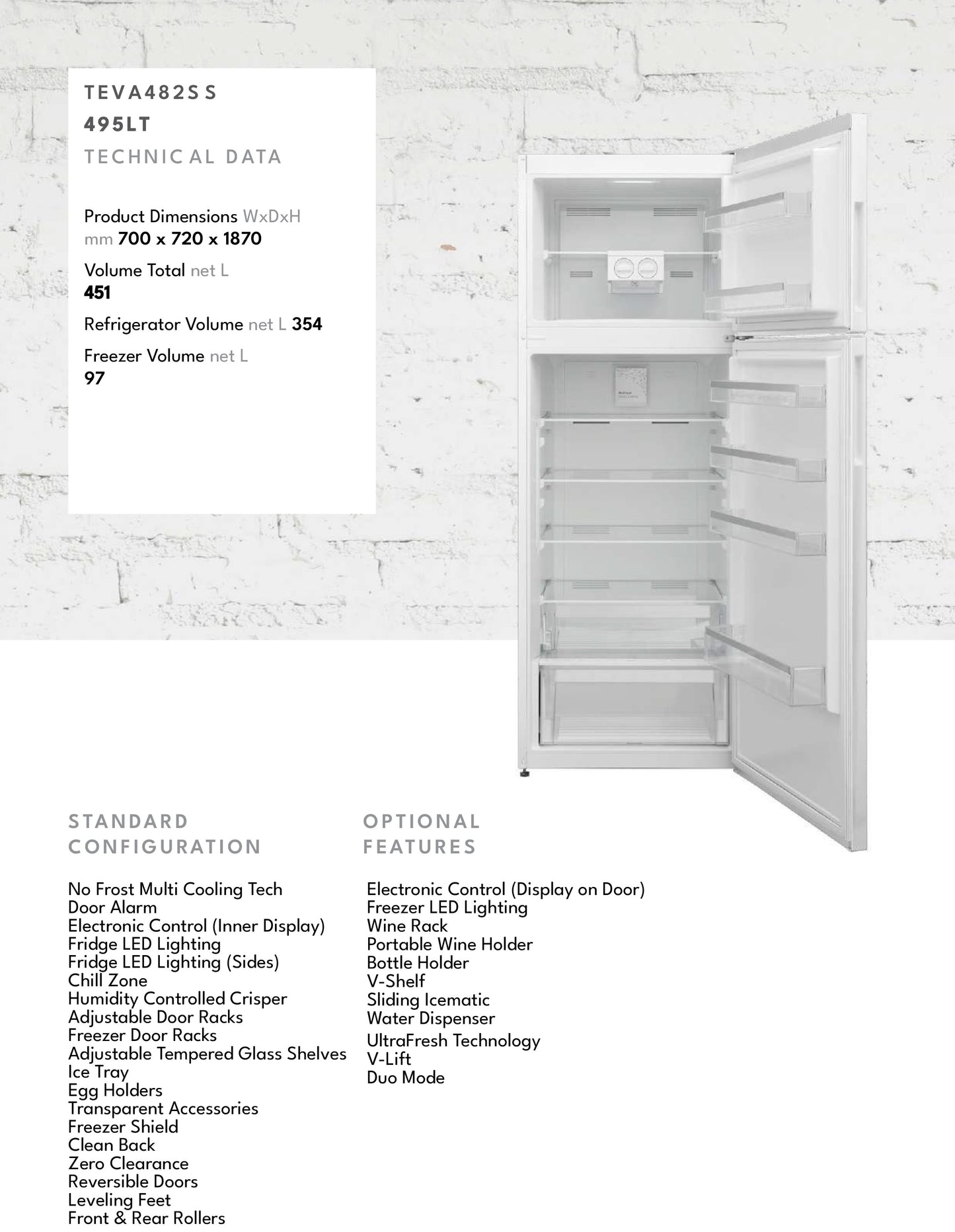 Teva 495L | 16 feet Reversible Bottom Freezer Refrigerator, Pro Steel, Silver