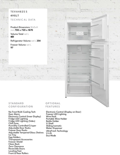 Teva 495L | 16 feet Reversible Bottom Freezer Refrigerator, Pro Steel, Silver